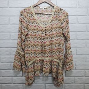 Blu Pepper Vintage Top Womens Small Multicolor Lace‎ Bell Sleeve V-Neck Blouse